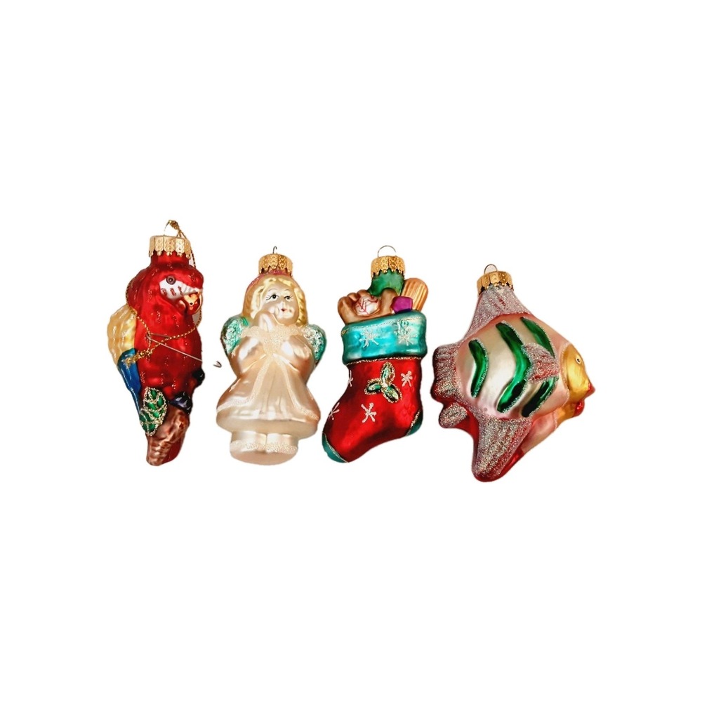 Vtg Unique Treasures Christmas Ornaments Set 4 Angel Stocking Blow Fish Parrot